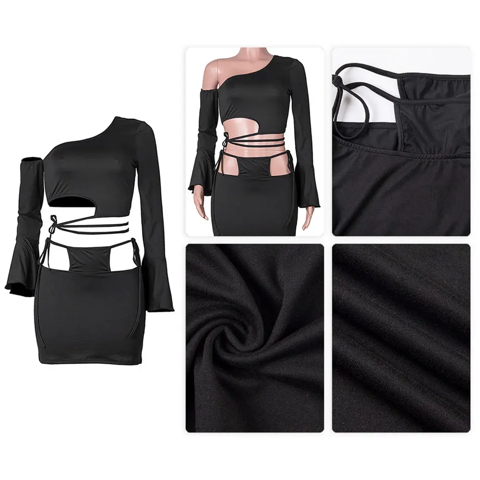 

Women Two Piece Long Sleeve Oblique Collar Hollow Out Tops Bodycon Shorts Drawstring Pants Night Club Party Sexy Matching Suits