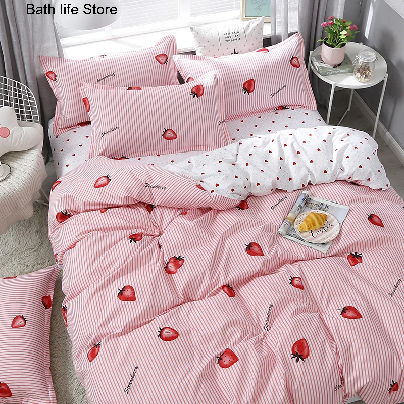 

Pink Kawaii Bedding Set Strawberry Bed Linens Quilt Cover Bed Sheet Home Bedroom King Queen Size Girls Duvet Cover Sets
