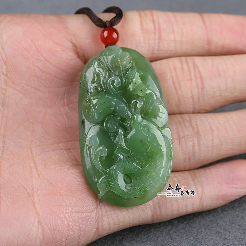 

Natural green jade pendant handcarved jadeite jade fish lotus men women penants necklaces jade jewelry jade necklace