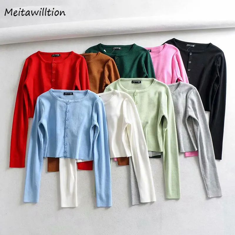 Женский Укороченный кардиган вязаный свитер сексуальный Однотонный с длинным