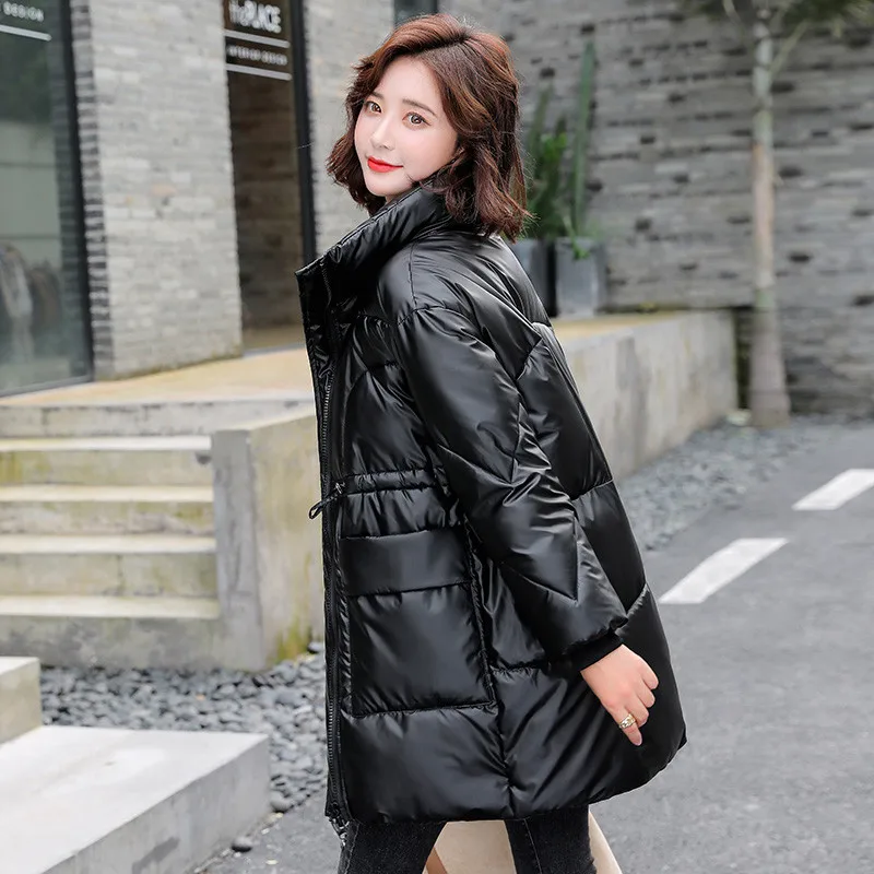 

Long Parkas Female Winter Stand Collar Oversized Shiny Womens Jacket Solid Thick Big Pockets Loose Casual Overcoat Tops