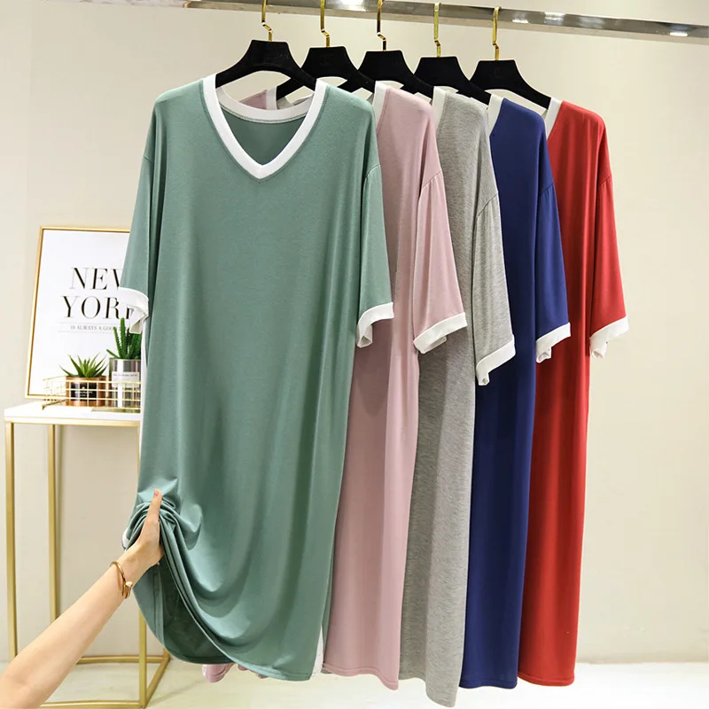 2021 Summer New Modal Nightdress Women's Loose Large V-neck Medium Sleeve Long Dress Solid Color Home Clothes Can Be Worn Out