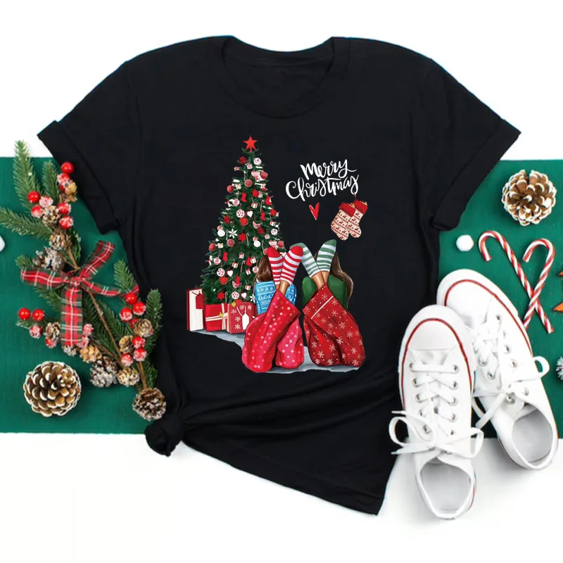 

100% Cotton Merry Christmas Print Fashion Graphic Women Christmas Clothes Tops O Neck Black Red Tees Funny Girls Tshirt