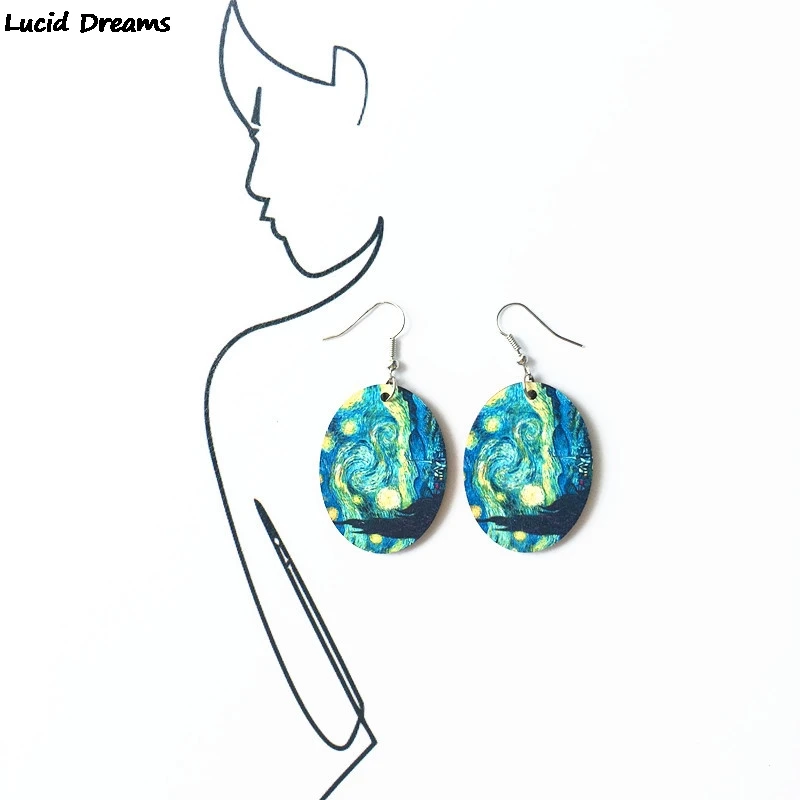 Retro Oil Painting Art Van Gogh Starry Night Mona Lisa Drop Earrings Vermee Women Wood Vintage Earrings Fashion Jewelry Bijoux