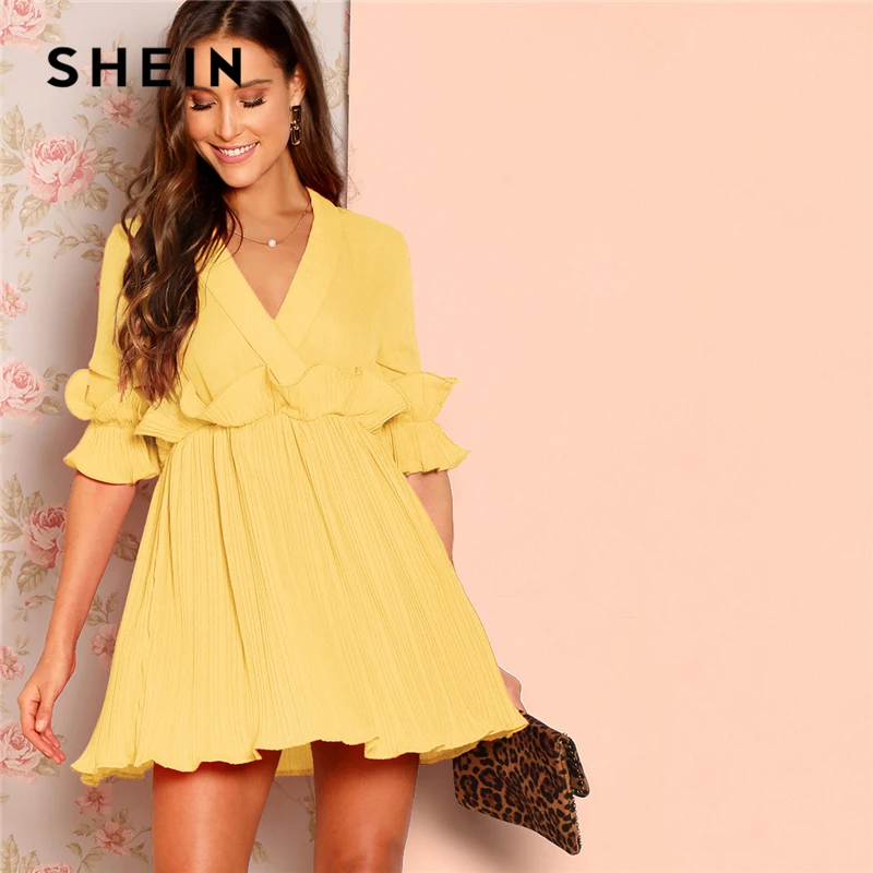 SHEIN Платье На Запах С Глубоким Вырезом И Оборками Сексуальное Платье С Рюшами С Средним Рукавом Женские Летние Платья С Высокой Талией