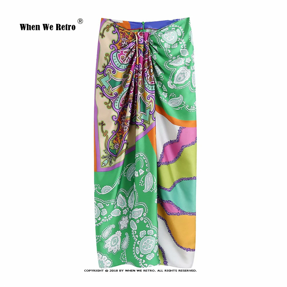 

Women Vintage Cloth Patchwork Floral Print Knotted Sarong Skirt Faldas Mujer Female Back Zipper Vestidos Skirts VD2114