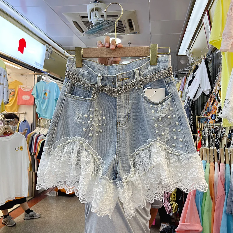 

Женские рваные джинсовые шорты, летние шорты с высокой талией и кружевом в западном стиле, 2021