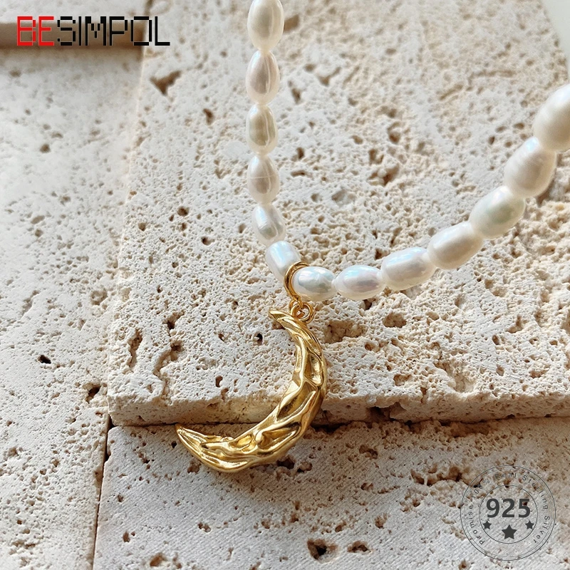 

Besimpol 925 Sterling Silver Necklaces Pleated Ripple Moon Pandent Pearl Choker Necklace for Women Fine Jewelry Anniversary Gift