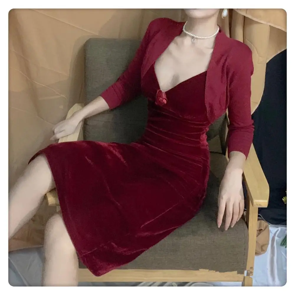 Женское винтажное бархатное платье с V образным вырезом|Женские платья| |