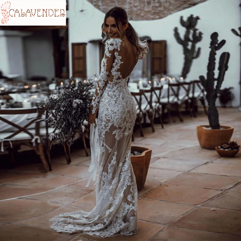 

Белое кружевное свадебное платье с блестками и юбкой-годе, с длинным рукавом, свадебное платье с открытой спиной, прозрачное свадебное плат...