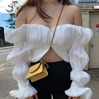 2022 spring womens elegant long sleeve top pure color pleated cardigan fashion open back long sleeve short top vintage t shirt