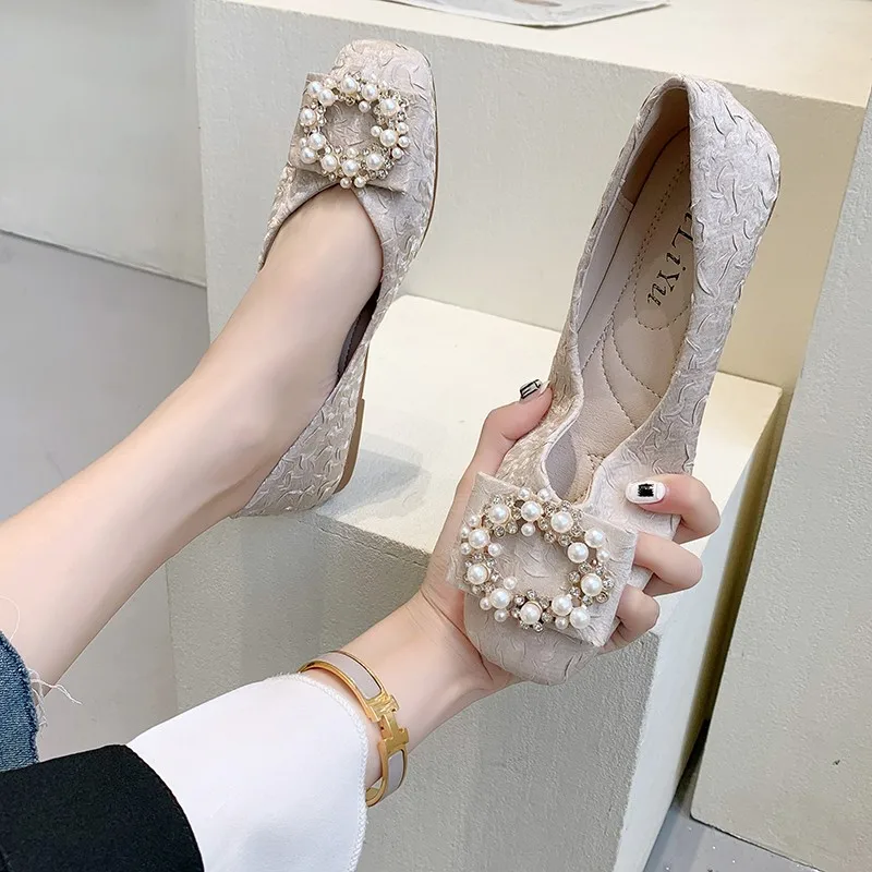 

Single-shoe Women's Spring/summer 2021 Versatile Flat Shoes with Square Tip and Pearl Round Button Pink Shoes Women Shoes