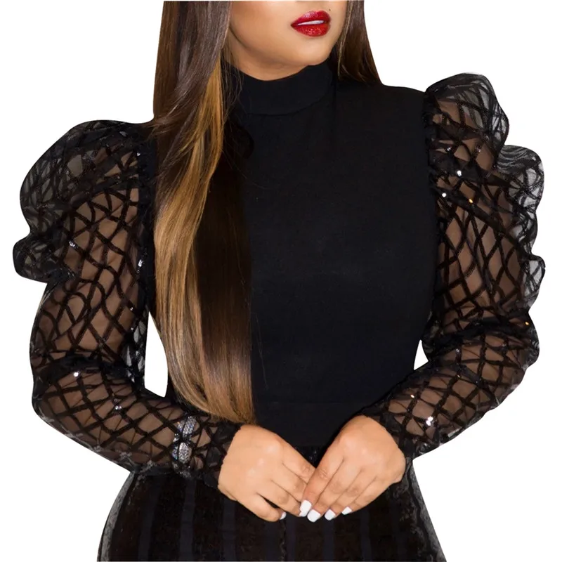 

Spring Autumn Turtleneck Shirt Women Tops Sexy Mock Neck Plaid Mesh Long Puff Sleeve Slim Fitted Tunics Ladies Blouses Vintage