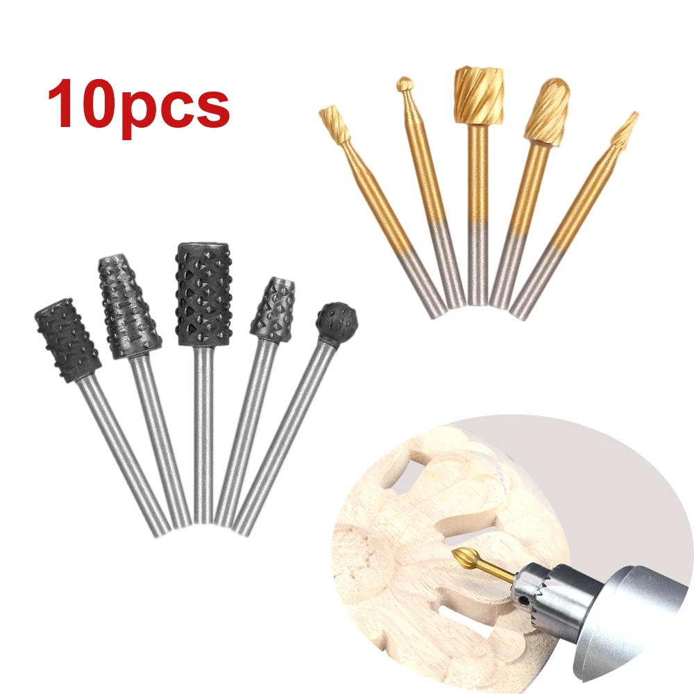 

10pcs Rotary Burr Router Bit Set HSS Titanium Coated Engraving Grinding Drill Bit Rotary File for Dremel Tool