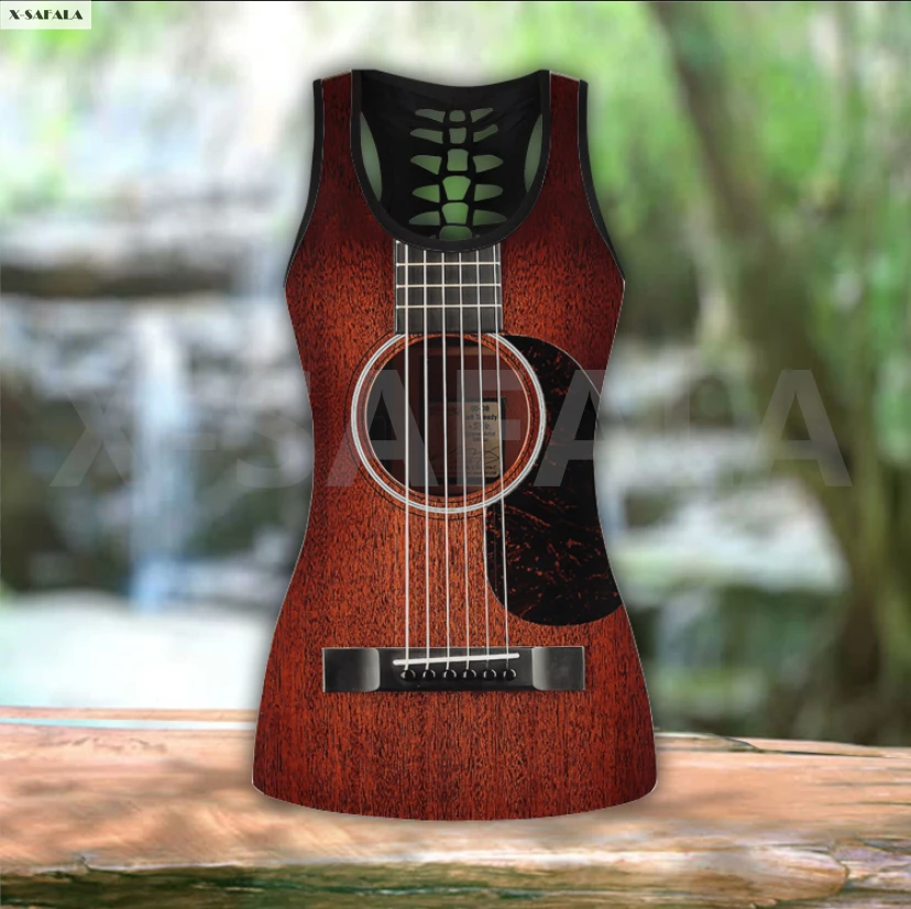 

Wood Guitar Two Piece Yoga Set Women 3D Print Vest Hollow Out Tank Top High Waist Legging Summer Casual Sport