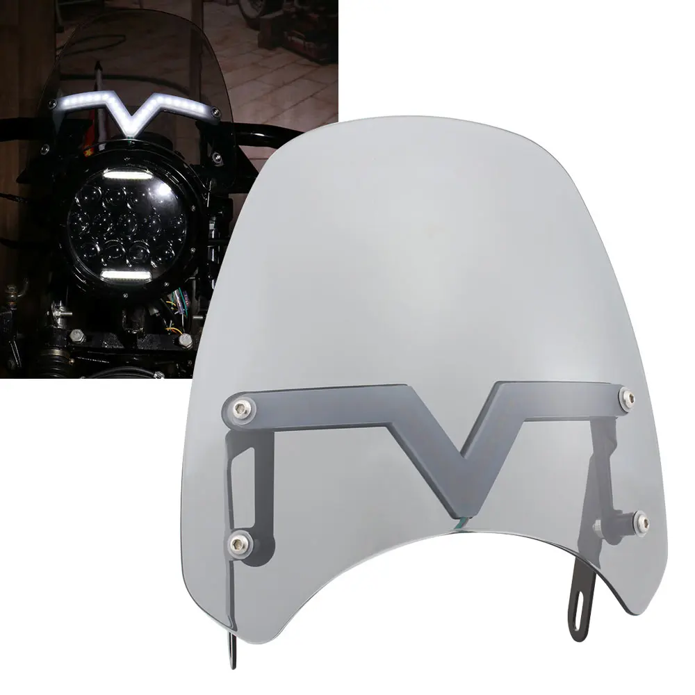 

5-7" Retro Compact Sport Wind Deflector Windshield LED Turn Signal Running DRL For Harley XL Royal 500 R9T Crusier Universal