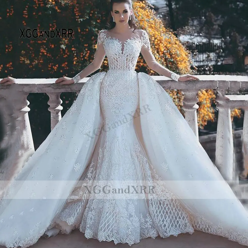 

Роскошное кружевное свадебное платье-Русалка с длинными рукавами 2021 элегантное овальное кружевное платье с аппликацией из бисера длинное ...