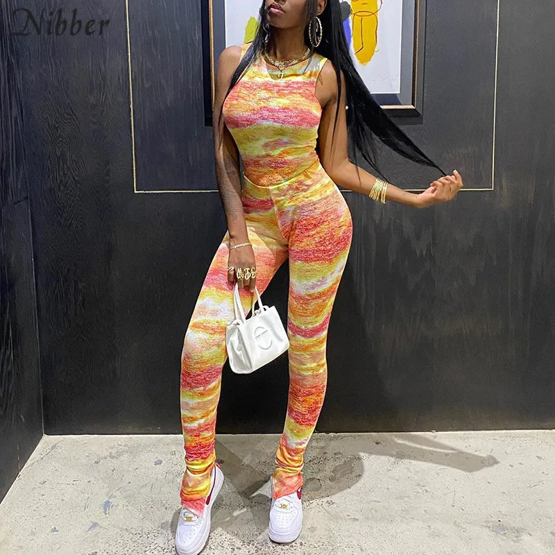 

Nibber Tie-dye printing basic sleeveless Graphics top leggingss 2two pieces sets street casual Activity wear sports suits female