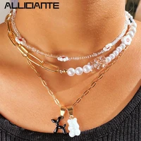 cute gummy bear balloon dog pendant pearl beaded choker necklace for women daisy flower rice beaded necklaces asymmetry jewelry