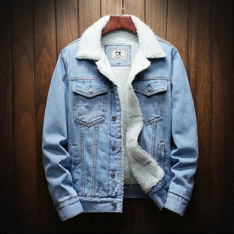 

Denim Sherpa Jacket Men Winter Lambswool Jackets Thick Fleece Coat Fashion Casual Warm Blue Jeans Jacket Coat Plus Size 6XL