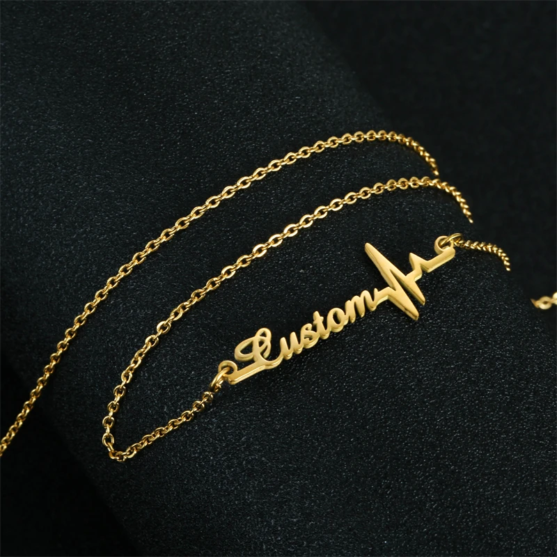 

Stylisteel Fashion Custom Name Necklace Gold Stainless Steel Engraving Letter With Heartbeat Nameplate Pendant Thin Chain