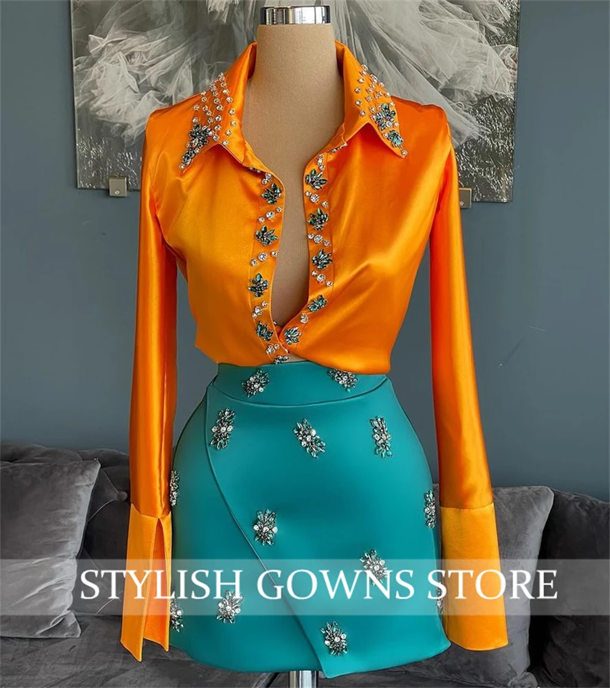Оранжевое короткое платье из двух частей для выпускного вечера коктейльное