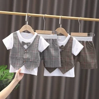 summer children baby boys cotton clothes infant outfits gentleman bowknot patchwork t shirt toddler fashion clothing kids suit
