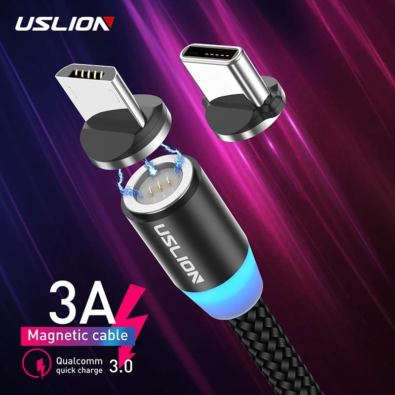 Магнитный кабель USLION 2M 3A Micro USB Type C для быстрой зарядки iPhone 11 X XR XS Samsung S10 Xiaomi