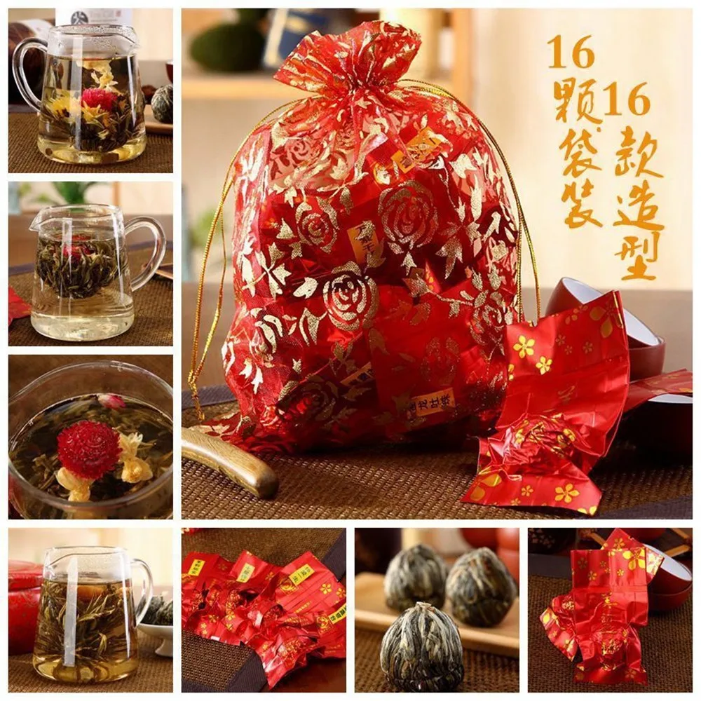 

China Tea 16 Pieces Blooming Tea Different Flower Tea Handmade Flower Chinese Flowering Balls Herbal Crafts Flowers Gift Packing