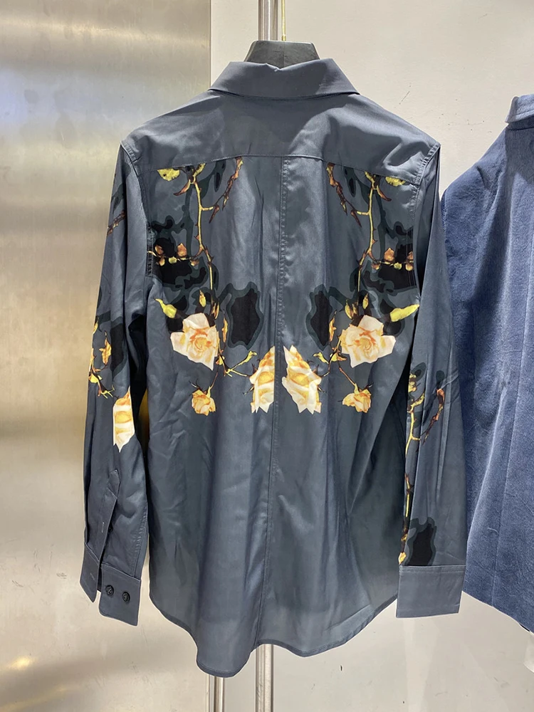 

Free shipping retro rose print lapel single breasted loose long-sleeved shirt ladies autumn new fashion all-match top