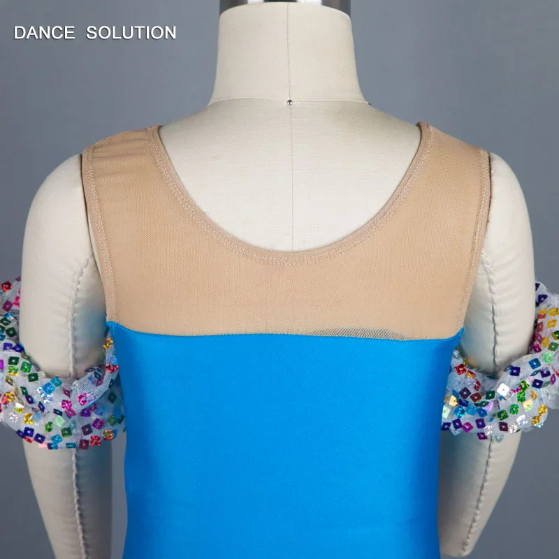 Синий лиф из спандекса с разноцветными блестками и трико юбкой Sparking танцевальная