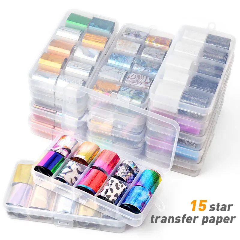 

1Box (10 Rolls) Laser Holographic Nail Transfer Foil Stickers Mixed 15 Colors Aurora Nail Sticker Decals Nail Art Decorations