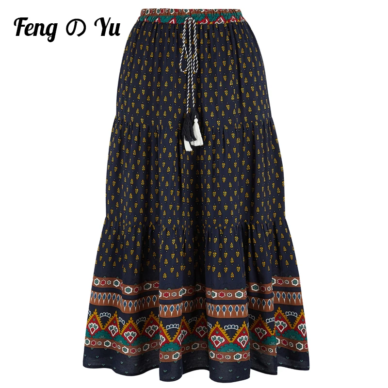 

Fashion Bohemian Long Skirt Women's Elegant Holiday Summer Casual High Elastic Waist Skirt Floral Print Sea Blue Retro Skirt
