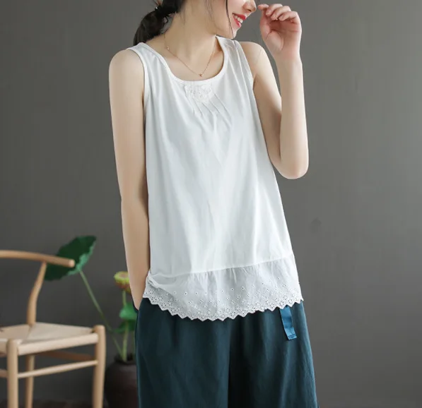 2020 Spring Summer T-shirt Women Slim-type All-match Tops New Casual Ladies O-Neck Sleeveless Spliced Mori girl | Женская одежда