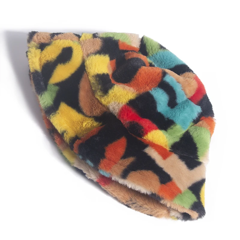 HUOBAO New Fashion Rainbow Letter Faux Fur Winter Warm Soft Bucket Hats For Women Ladies