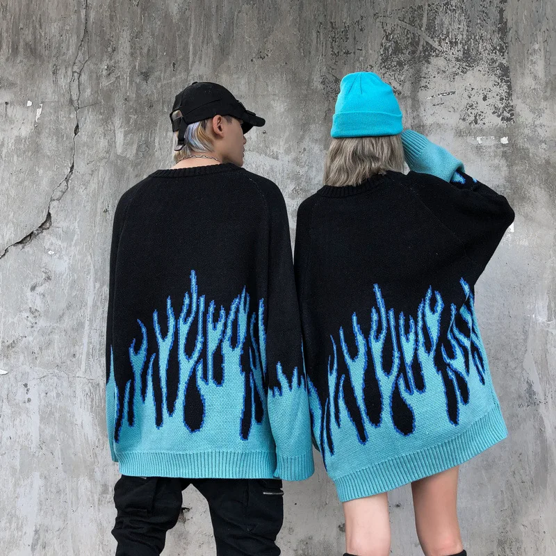 Woherb Autumn Winter Harajuku Flame Knitting Sweater Casual Women Man Unisex Pullovers Hip Hop High Streetwear Jumper | Женская одежда