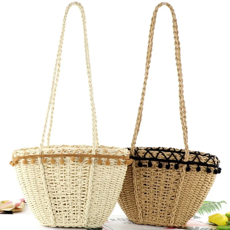 Кружевная соломенная сумка с помпоном для волос Пляжная простая сумочка на одно