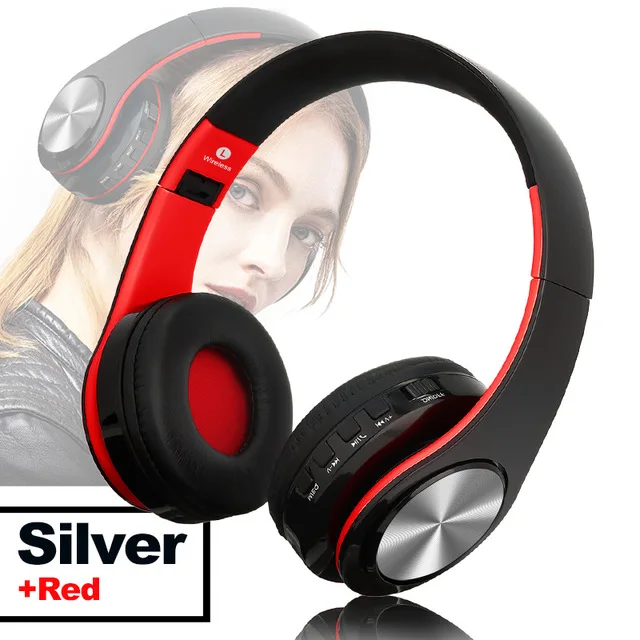 Red Silver TOMKAS Bluetooth наушники проводные беспроводные наушники Bluetooth гарнитура Складные стерео игровые наушники с микрофоном Поддержка TF карты - Цвет: Red Silver