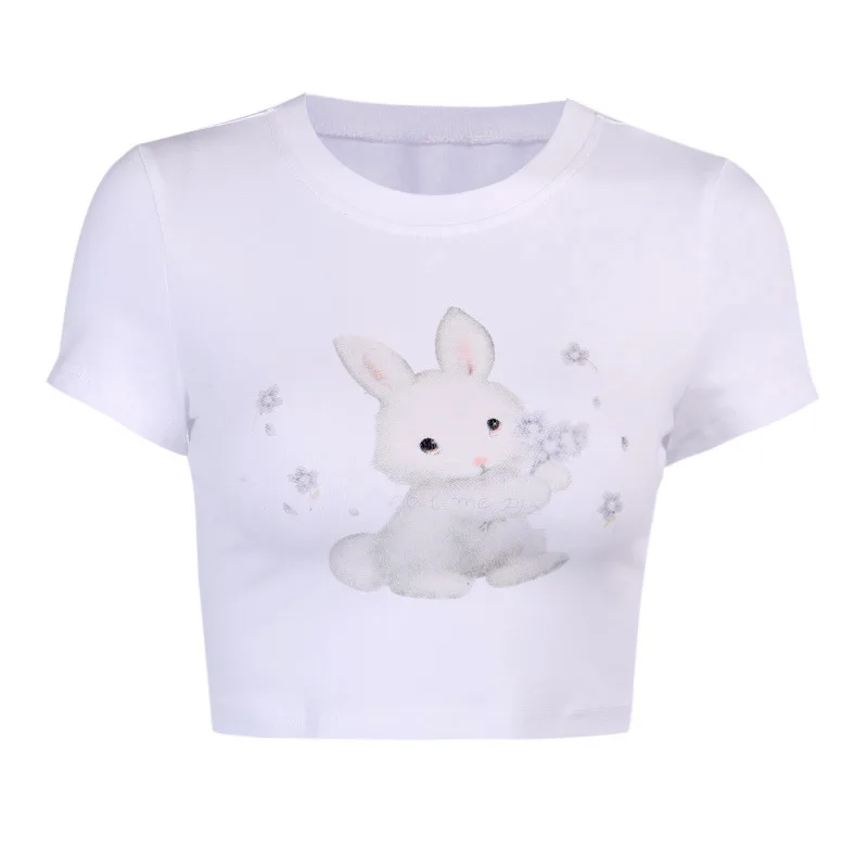 

New Rabbit Print T-shirt Summer Women Sexy Crop Tops T-shirts High Waist Navel Exposed Cropped Streetwear Fashion Slim T-shirt