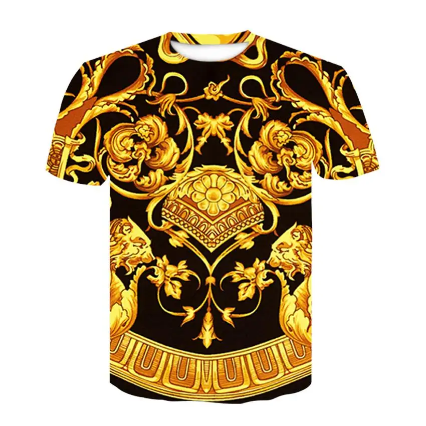 

New summer Baroque T-shirt 3D digital print T shirt men/women vintage luxury Royal print golden flower brand Tshirt camisetas
