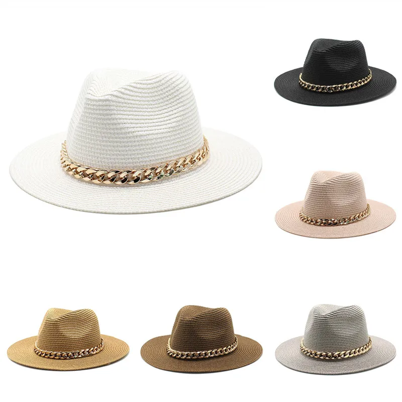 

Шляпа женская Соломенная с металлической цепочкой, Панамка от солнца с плоским верхом и плоским козырьком, для пляжа, летняя