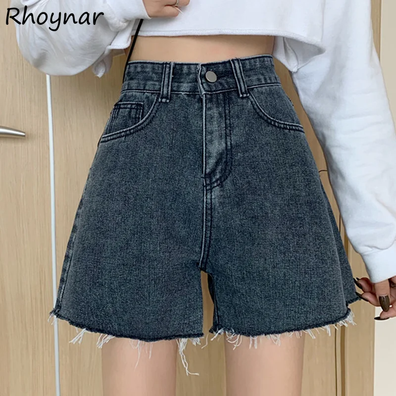 

Shorts Women Thin Denim Summer Empire Loose Wide Leg Simple Tassel Ripped Pockets Vintage High Waist Casual Fashion All-match