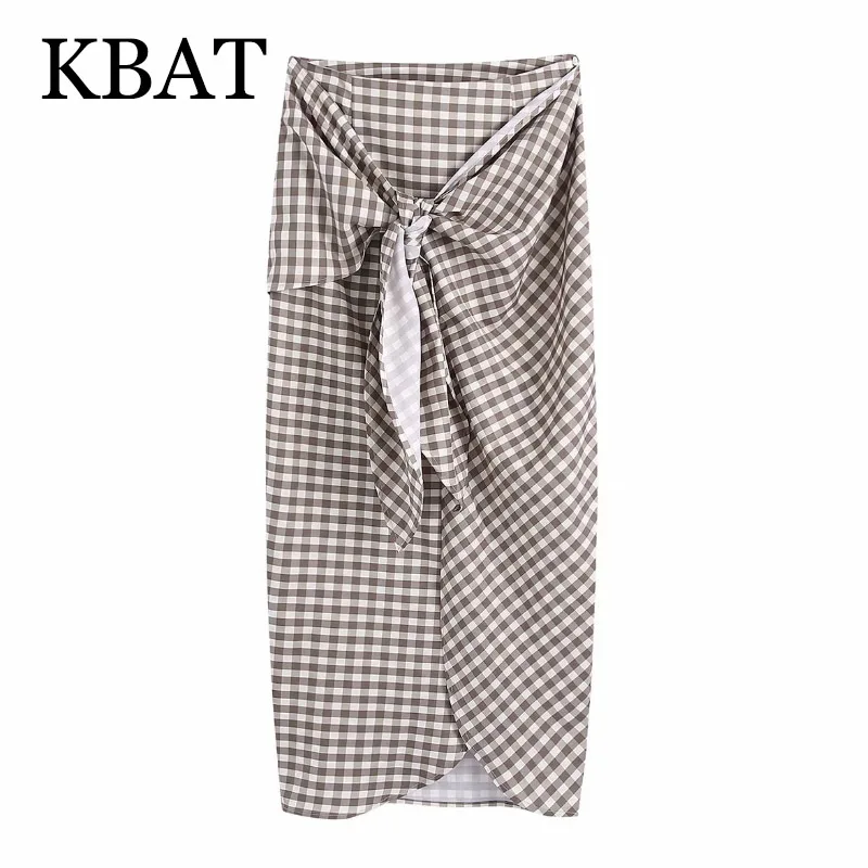 

KBAT 2021 Women Vintage Bow Tied Design Plaid Print Wrap Sarong Skirt Faldas Mujer Female Hem Irregular Casual Slim Vestidos