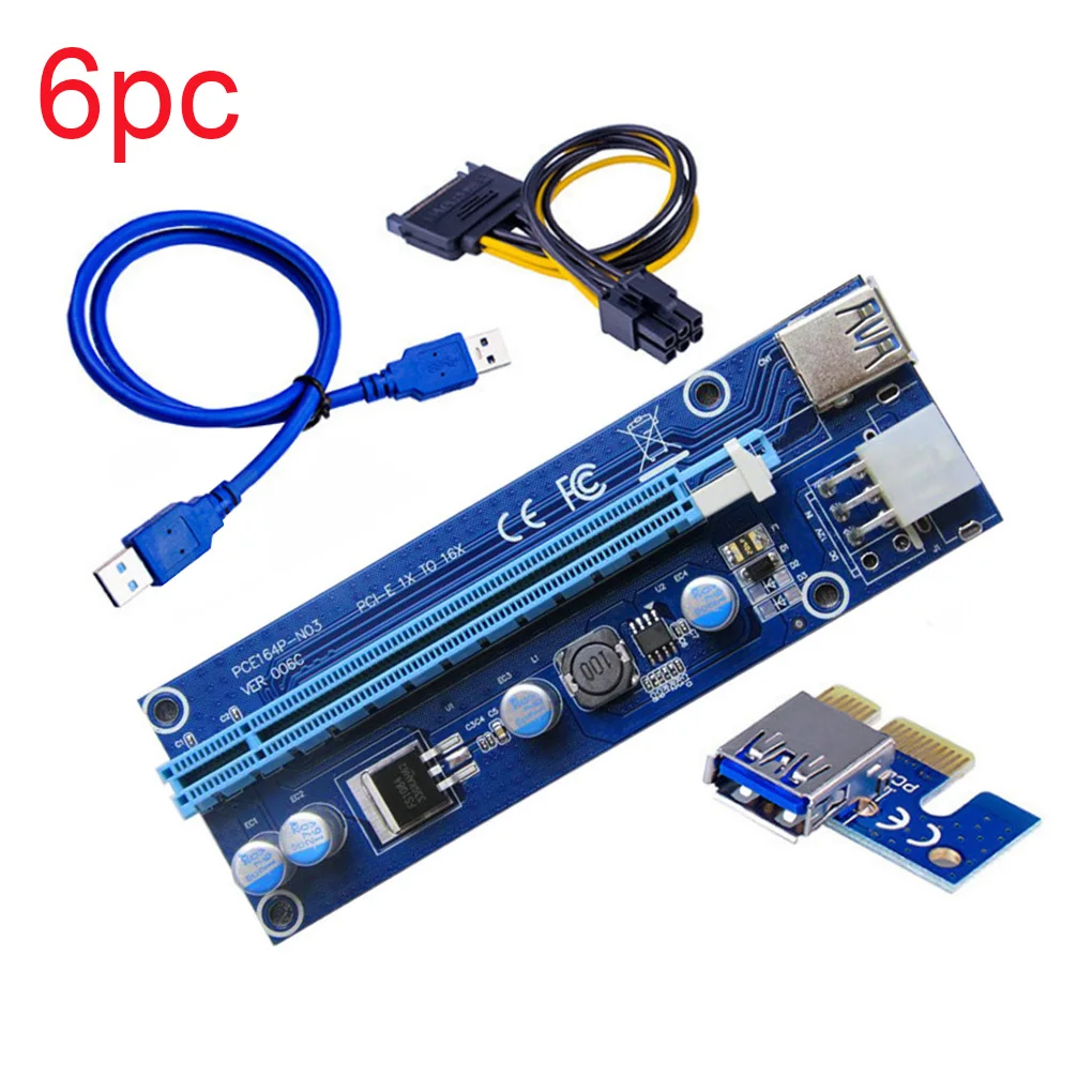 

6Pcs 006C PCIe PCI-E PCI Express Riser Card 1x to 16x USB 3.0 Data Cable SATA 4Pin Power PCIe Riser For Mining Bitcoin Miner
