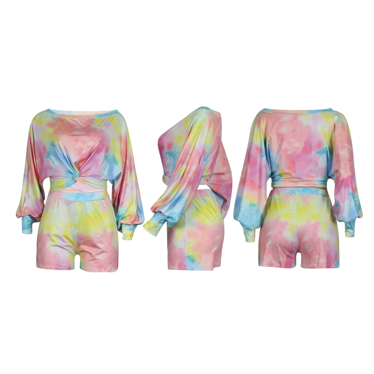 

2020 Summer Women Suit European and American Hot Style Model Tie-dye Print Long Sleeves Tie & Biker Shorts Two Piece Set