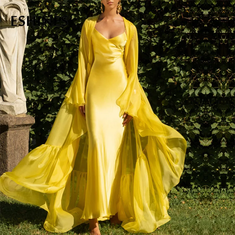 ESHINES Европейское Новое модное желтое простое длинное платье Летнее Сексуальное