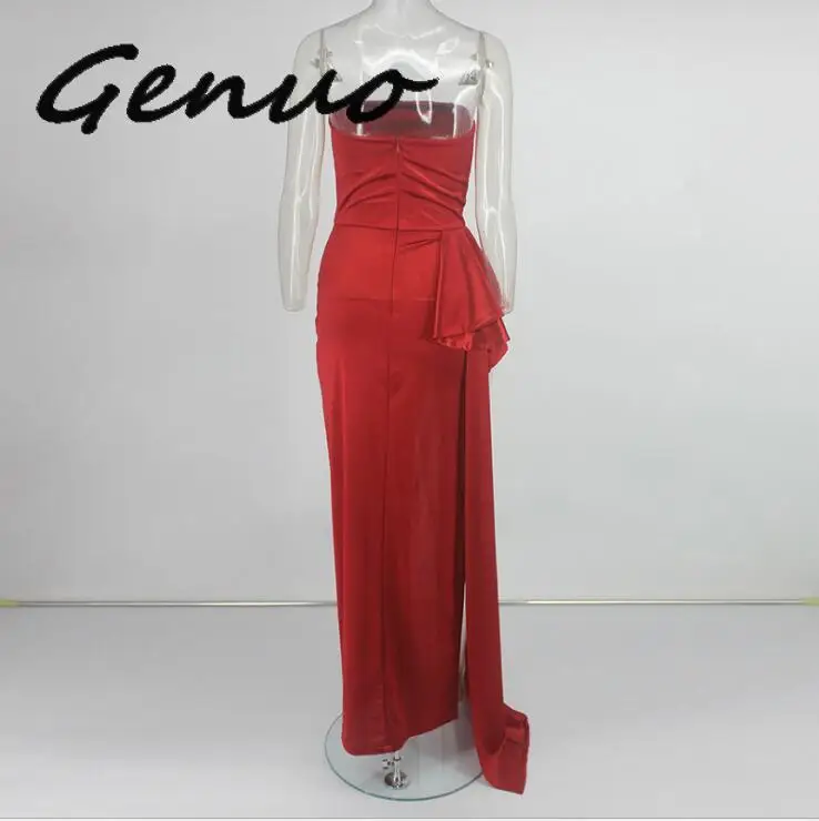

Genuo New Off Shoulder Long Dress Women Sexy Backless Lace Up Party Dress Elegant Split Satin Summer Dress Female Vestidos 2019