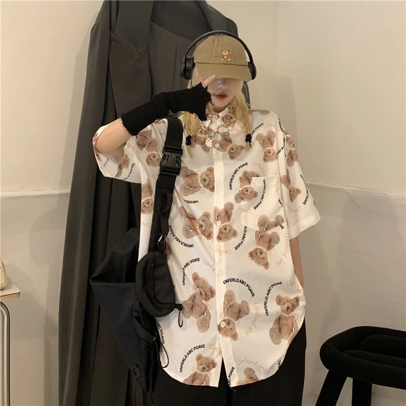 

South Korea Ins Street Hip-Hop Bear Print Short Sleeve Female Summer 2021 Loose Shirt-Music of the