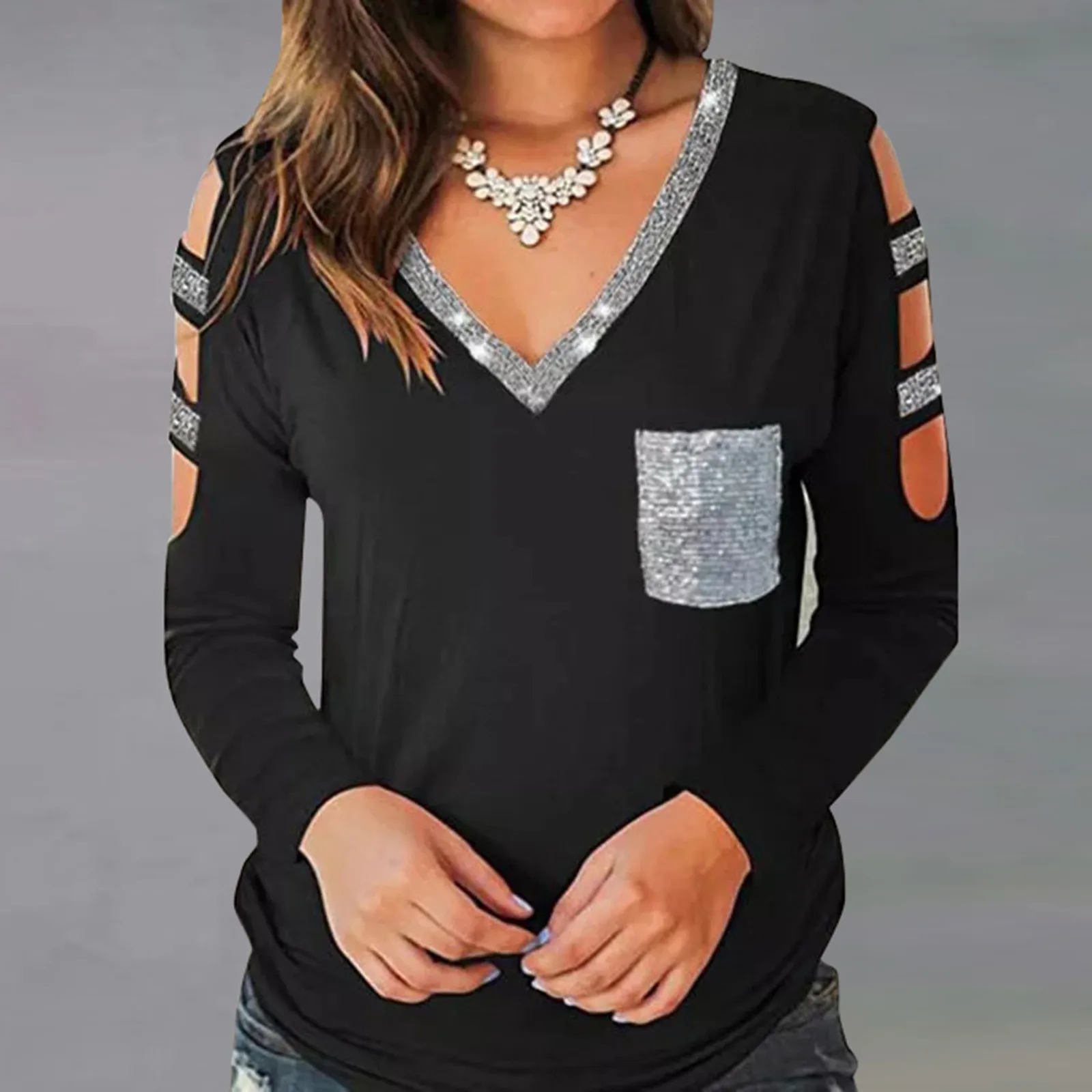 

Fashion Sequined Hollow Blouse Shirt Sexy Cold Shoulder Tops Tee Casual Ladies Tops Female Women Long Sleeve Blusas Pullover