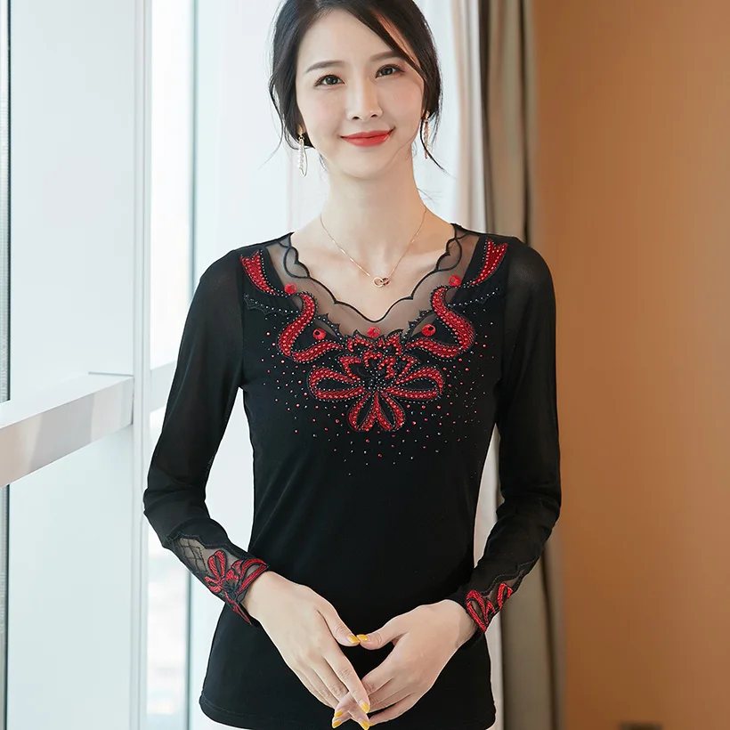 

4XL plus size women blouse shirt New Arrivals 2019 Autumn long sleeve Hollow out mesh tops Elegant slim Diamonds shirt blusas
